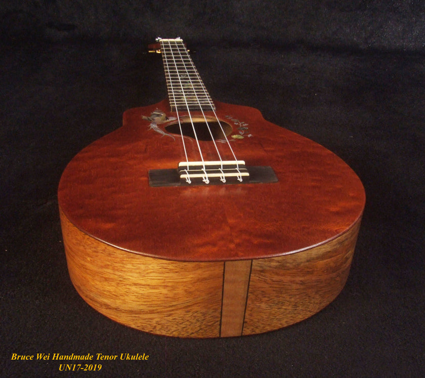 Handmade Tenor Ukulele, Solid Curly Mahogany, Spalted Rosewood, Bird & Floral inlay, Soft-bag, Bruce Wei