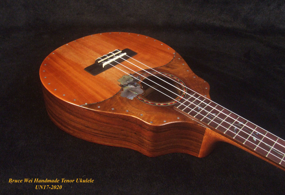 Handmade Tenor Ukulele Solid Hawaiian Koa, Mahogany, Rosewood, Hibiscus inlay, Soft-bag, Bruce Wei UN17-2020