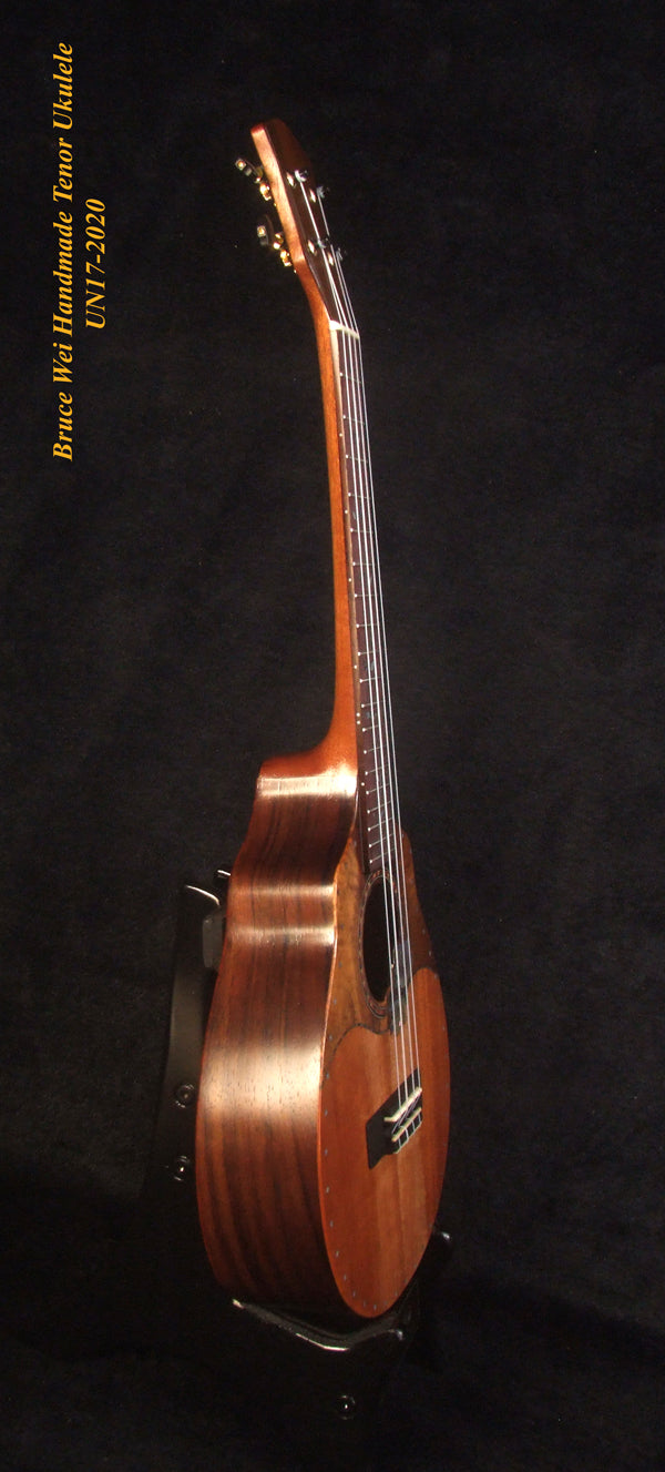 Handmade Tenor Ukulele Solid Hawaiian Koa, Mahogany, Rosewood, Hibiscus inlay, Soft-bag, Bruce Wei UN17-2020