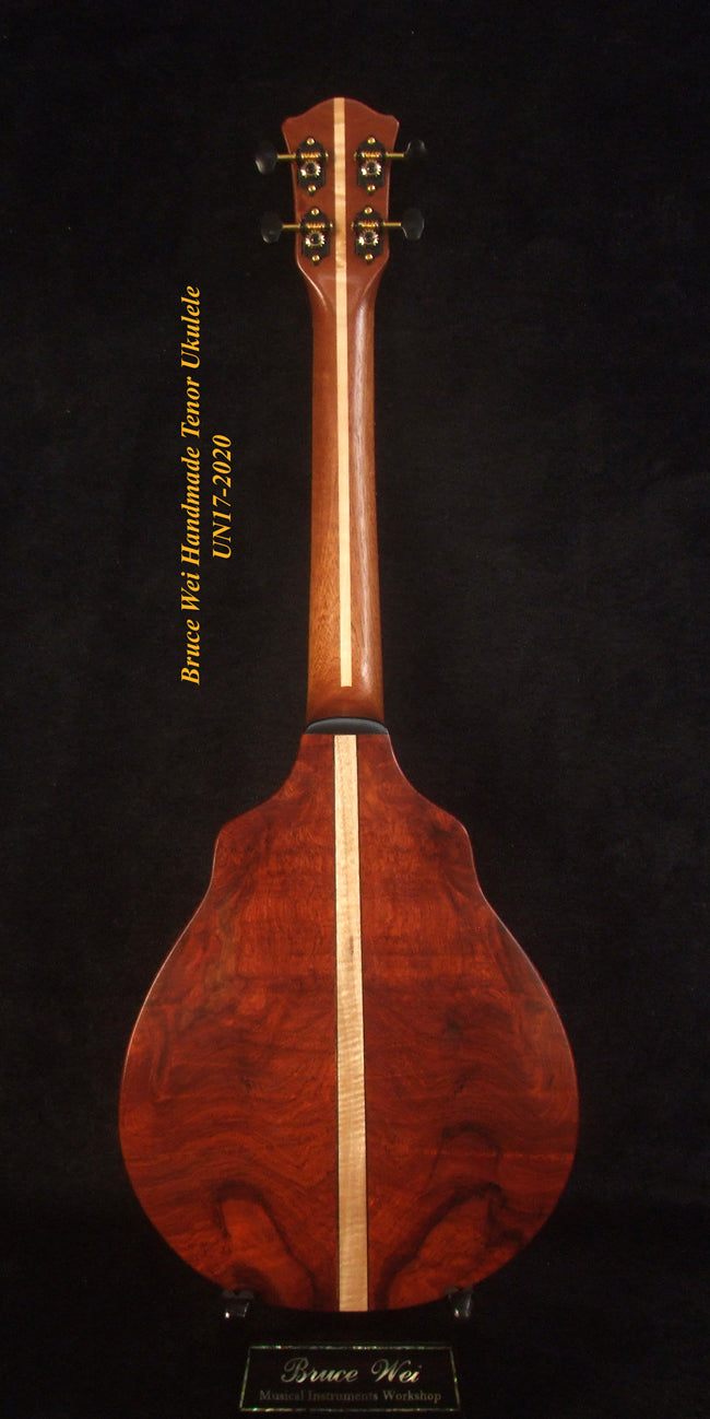 Handmade Tenor Ukulele Solid Hawaiian Koa, Mahogany, Rosewood, Hibiscus inlay, Soft-bag, Bruce Wei UN17-2020
