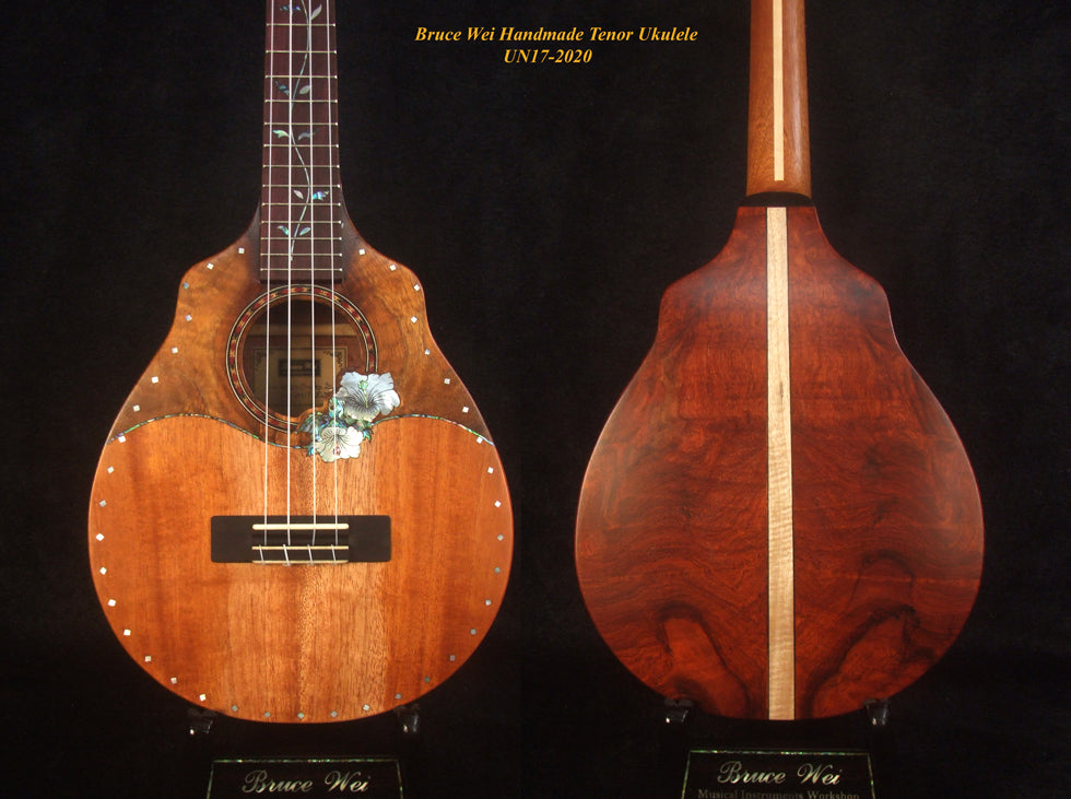 Handmade Tenor Ukulele Solid Hawaiian Koa, Mahogany, Rosewood, Hibiscus inlay, Soft-bag, Bruce Wei UN17-2020