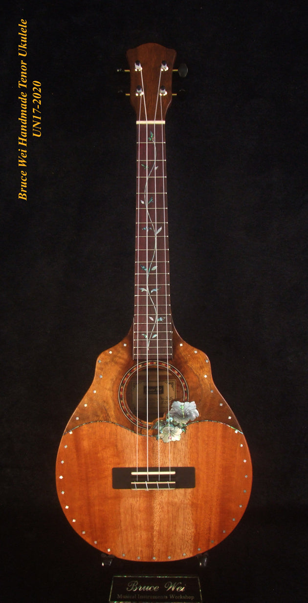 Handmade Tenor Ukulele Solid Hawaiian Koa, Mahogany, Rosewood, Hibiscus inlay, Soft-bag, Bruce Wei UN17-2020