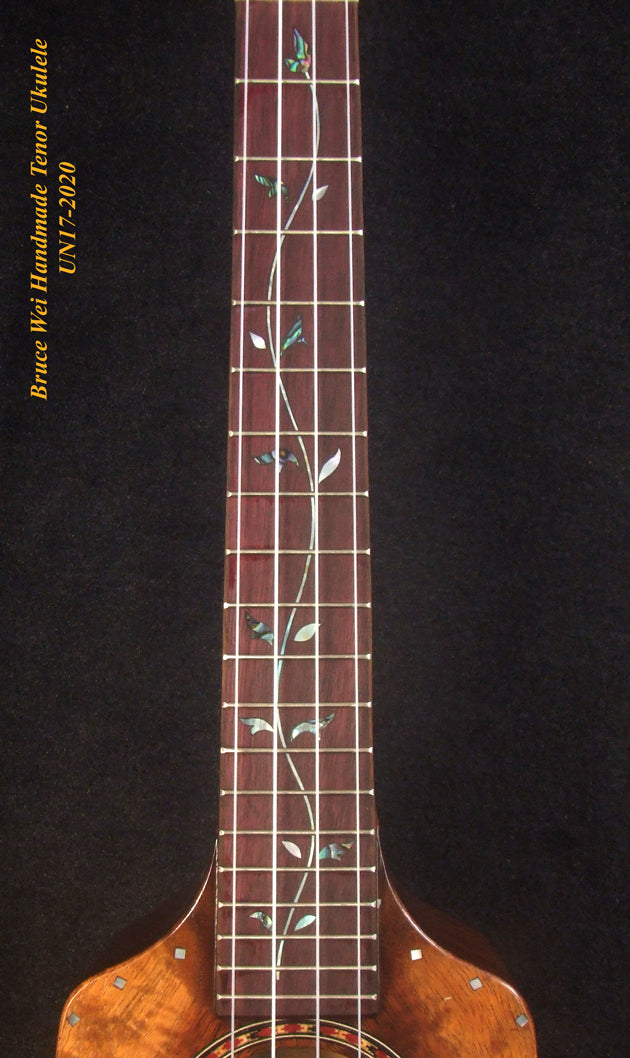 Handmade Tenor Ukulele Solid Hawaiian Koa, Mahogany, Rosewood, Hibiscus inlay, Soft-bag, Bruce Wei UN17-2020