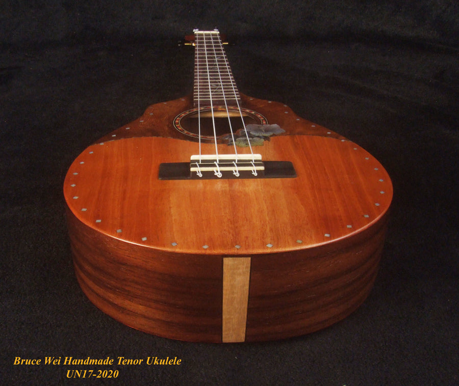 Handmade Tenor Ukulele Solid Hawaiian Koa, Mahogany, Rosewood, Hibiscus inlay, Soft-bag, Bruce Wei UN17-2020