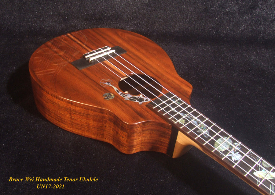Handmade Tenor Ukulele, Solid Hawaiian Koa, Engraved Top, Koi Fish & Lotus inlay, Soft-bag, Bruce Wei UN17-2021