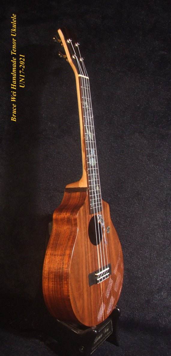 Handmade Tenor Ukulele, Solid Hawaiian Koa, Engraved Top, Koi Fish & Lotus inlay, Soft-bag, Bruce Wei UN17-2021