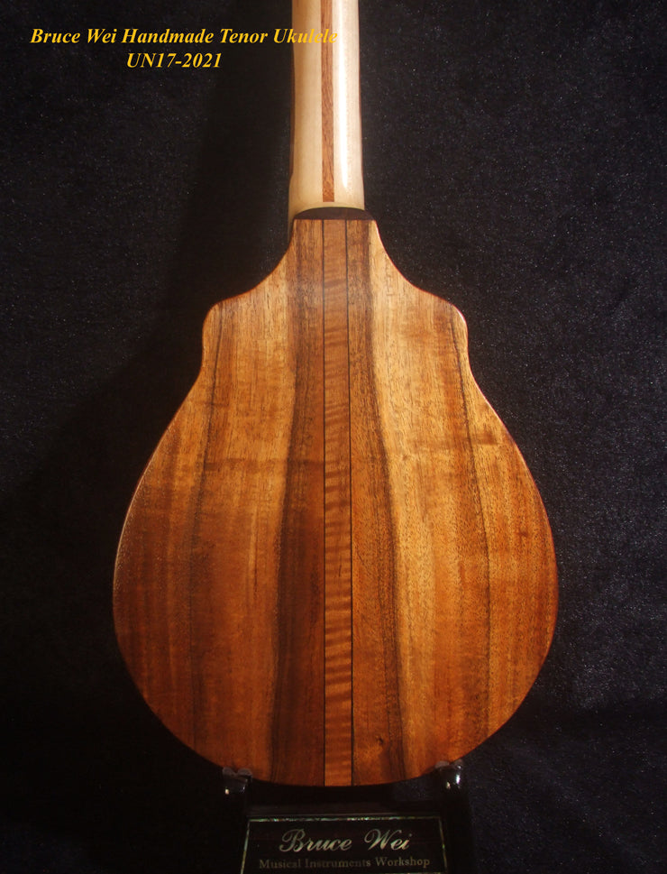 Handmade Tenor Ukulele, Solid Hawaiian Koa, Engraved Top, Koi Fish & Lotus inlay, Soft-bag, Bruce Wei UN17-2021