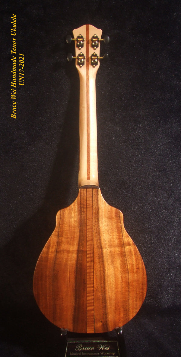 Handmade Tenor Ukulele, Solid Hawaiian Koa, Engraved Top, Koi Fish & Lotus inlay, Soft-bag, Bruce Wei UN17-2021