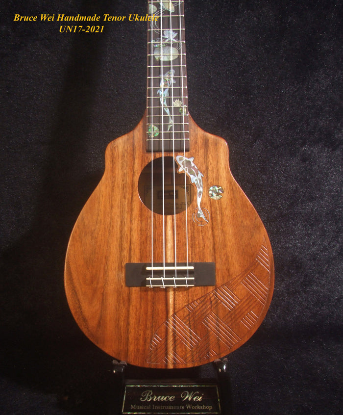 Handmade Tenor Ukulele, Solid Hawaiian Koa, Engraved Top, Koi Fish & Lotus inlay, Soft-bag, Bruce Wei UN17-2021