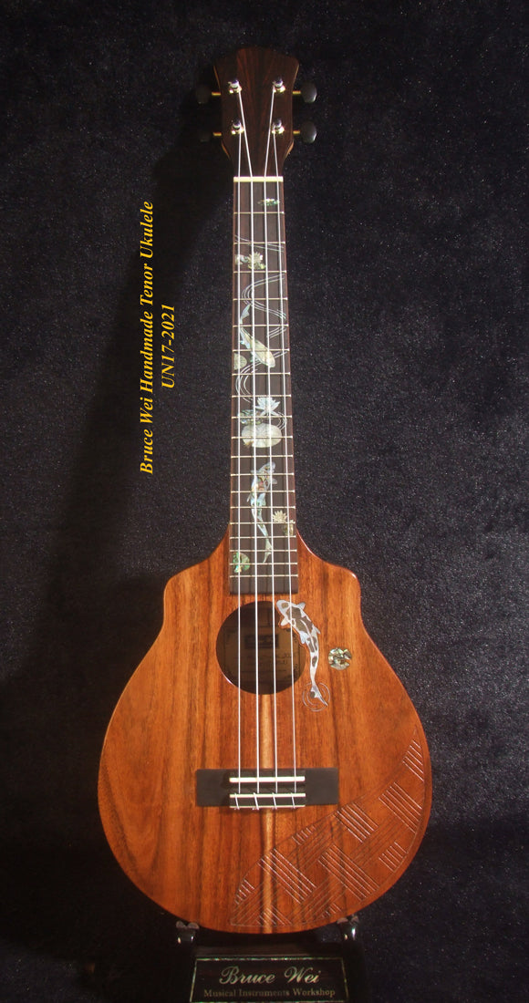 Handmade Tenor Ukulele, Solid Hawaiian Koa, Engraved Top, Koi Fish & Lotus inlay, Soft-bag, Bruce Wei UN17-2021