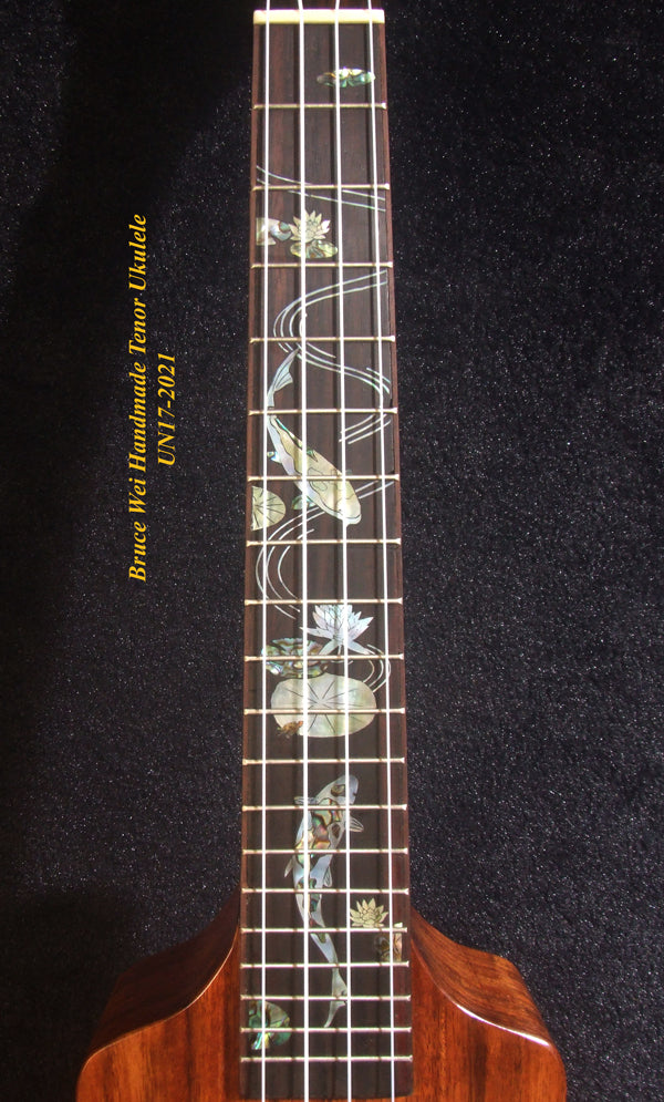 Handmade Tenor Ukulele, Solid Hawaiian Koa, Engraved Top, Koi Fish & Lotus inlay, Soft-bag, Bruce Wei UN17-2021