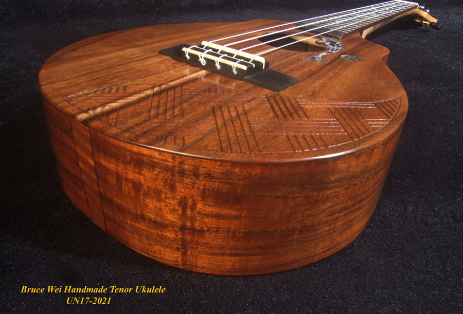 Handmade Tenor Ukulele, Solid Hawaiian Koa, Engraved Top, Koi Fish & Lotus inlay, Soft-bag, Bruce Wei UN17-2021