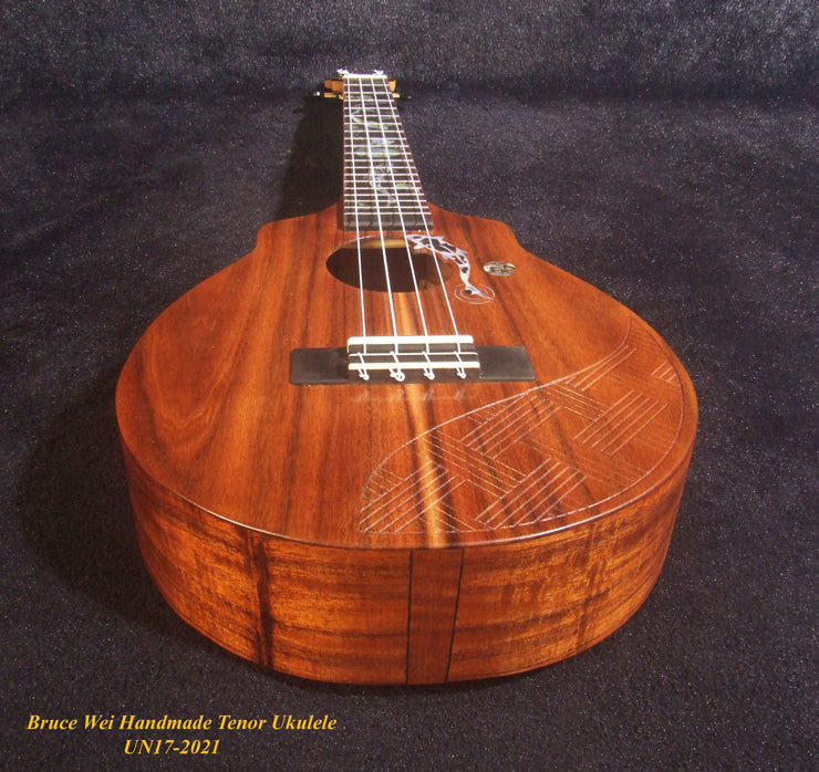 Handmade Tenor Ukulele, Solid Hawaiian Koa, Engraved Top, Koi Fish & Lotus inlay, Soft-bag, Bruce Wei UN17-2021