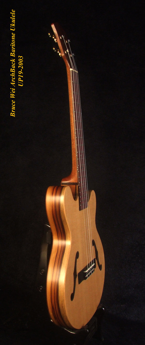 Handcrafted Baritone Ukulele, ArchBack, 4 String, Solid Spruce & Mahogany, Soft-bag, Bruce Wei UP19-2003-1