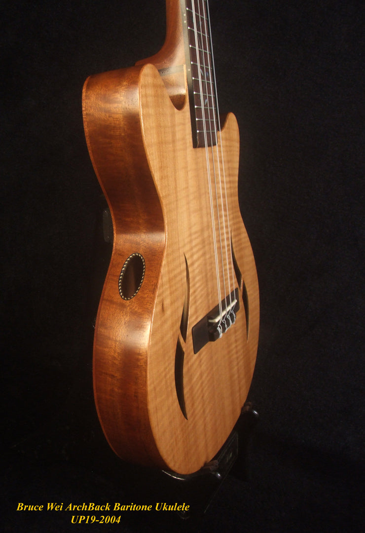 Handcrafted Baritone Ukulele, ArchBack, 5 String, Solid Curly Maple, Mahogany & Walnut, Vine Inlay, Bruce Wei UP19-2004