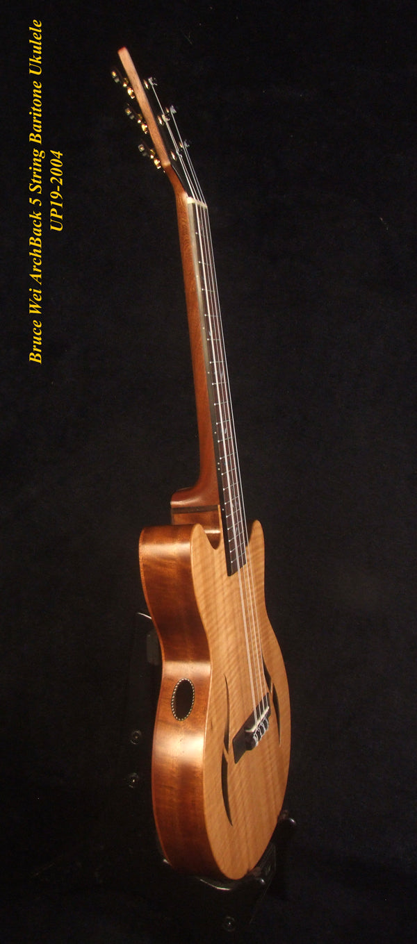 Handcrafted Baritone Ukulele, ArchBack, 5 String, Solid Curly Maple, Mahogany & Walnut, Vine Inlay, Bruce Wei UP19-2004