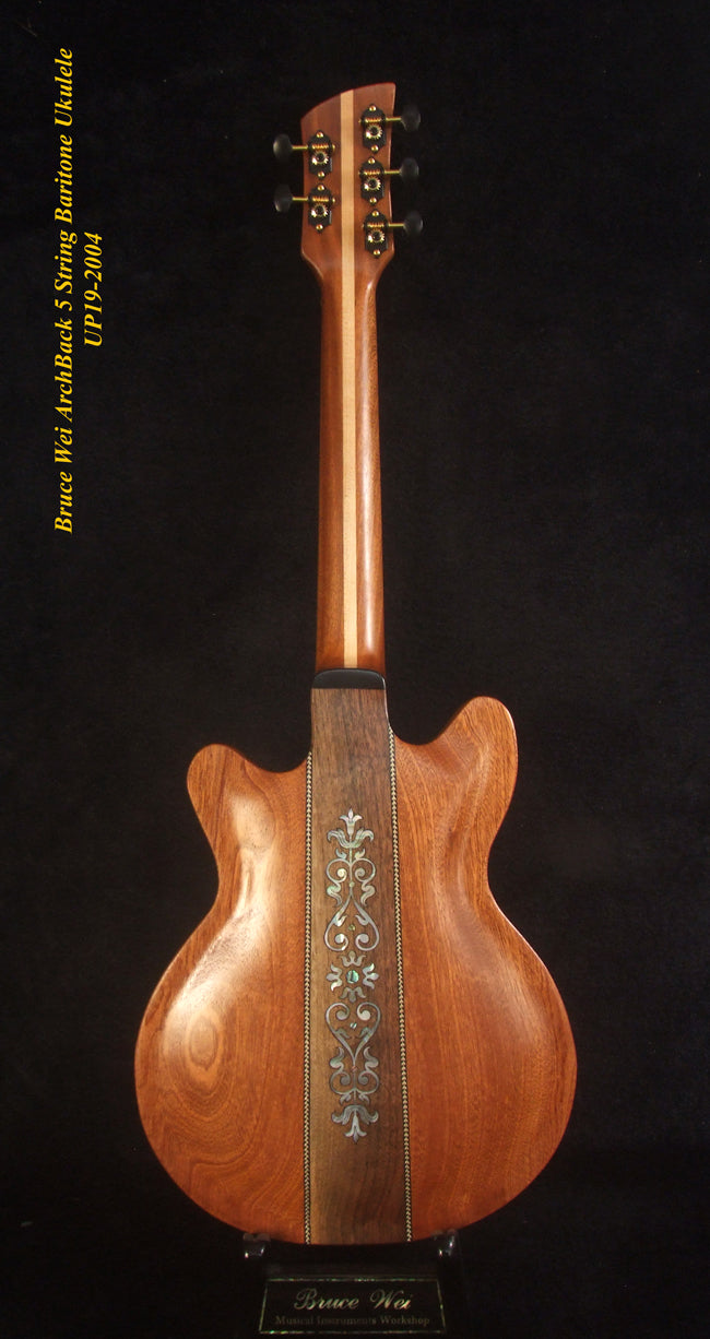 Handcrafted Baritone Ukulele, ArchBack, 5 String, Solid Curly Maple, Mahogany & Walnut, Vine Inlay, Bruce Wei UP19-2004