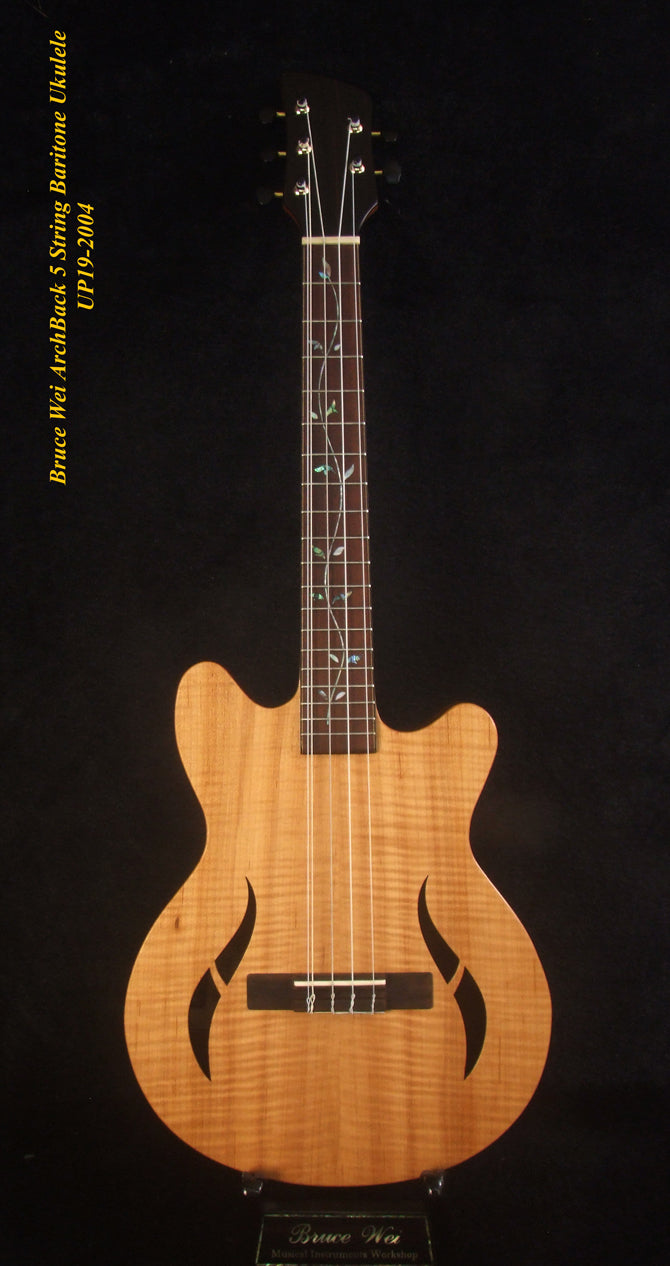 Handcrafted Baritone Ukulele, ArchBack, 5 String, Solid Curly Maple, Mahogany & Walnut, Vine Inlay, Bruce Wei UP19-2004