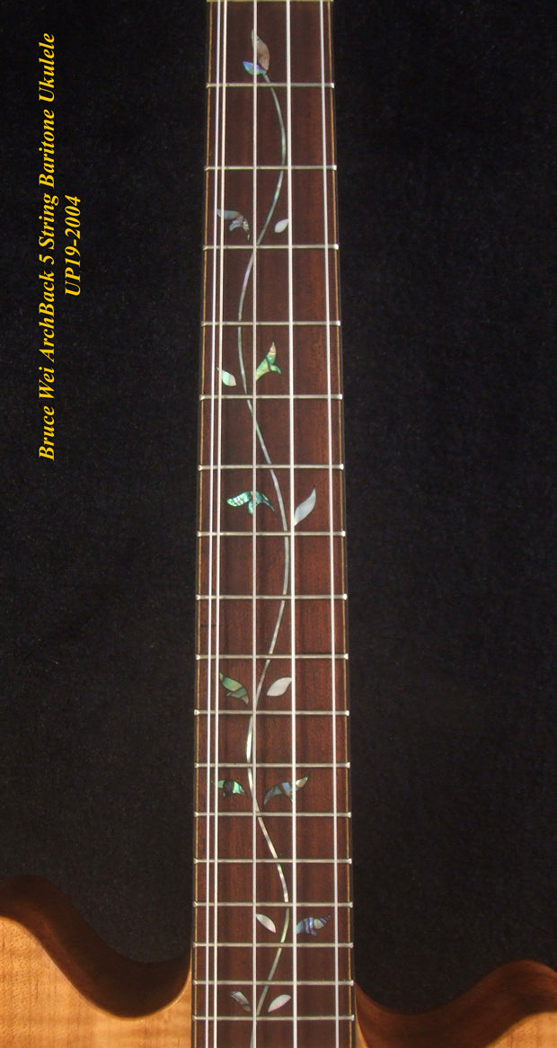 Handcrafted Baritone Ukulele, ArchBack, 5 String, Solid Curly Maple, Mahogany & Walnut, Vine Inlay, Bruce Wei UP19-2004