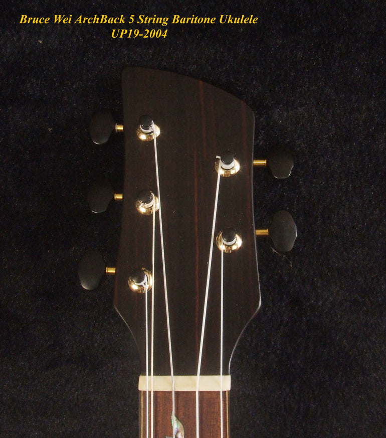 Handcrafted Baritone Ukulele, ArchBack, 5 String, Solid Curly Maple, Mahogany & Walnut, Vine Inlay, Bruce Wei UP19-2004