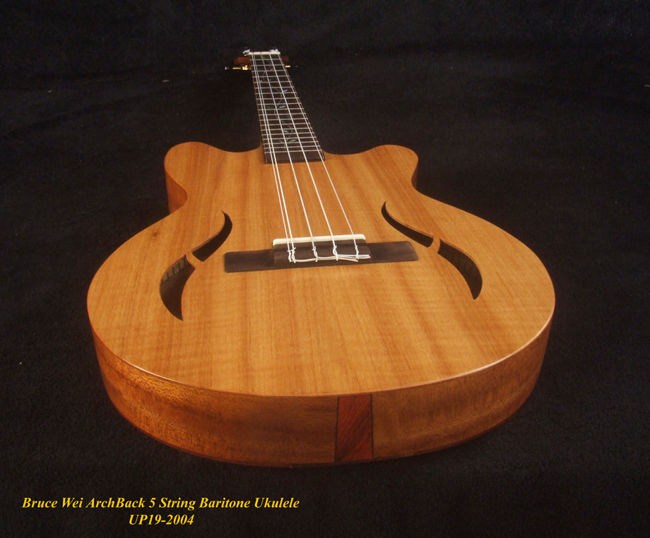 Handcrafted Baritone Ukulele, ArchBack, 5 String, Solid Curly Maple, Mahogany & Walnut, Vine Inlay, Bruce Wei UP19-2004