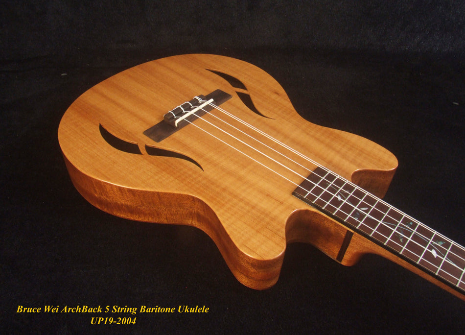 Handcrafted Baritone Ukulele, ArchBack, 5 String, Solid Curly Maple, Mahogany & Walnut, Vine Inlay, Bruce Wei UP19-2004