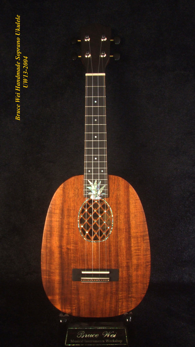 Handmade Pineapple Soprano Ukulele, Solid Hawaiian Koa, Soft-bag, Bruce Wei UW13-2004