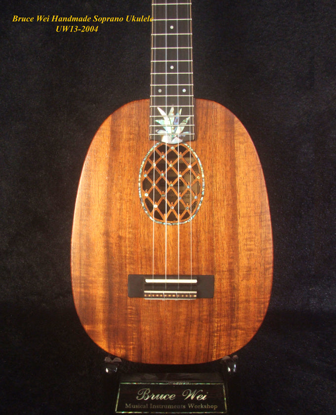 Handmade Pineapple Soprano Ukulele, Solid Hawaiian Koa, Soft-bag, Bruce Wei UW13-2004