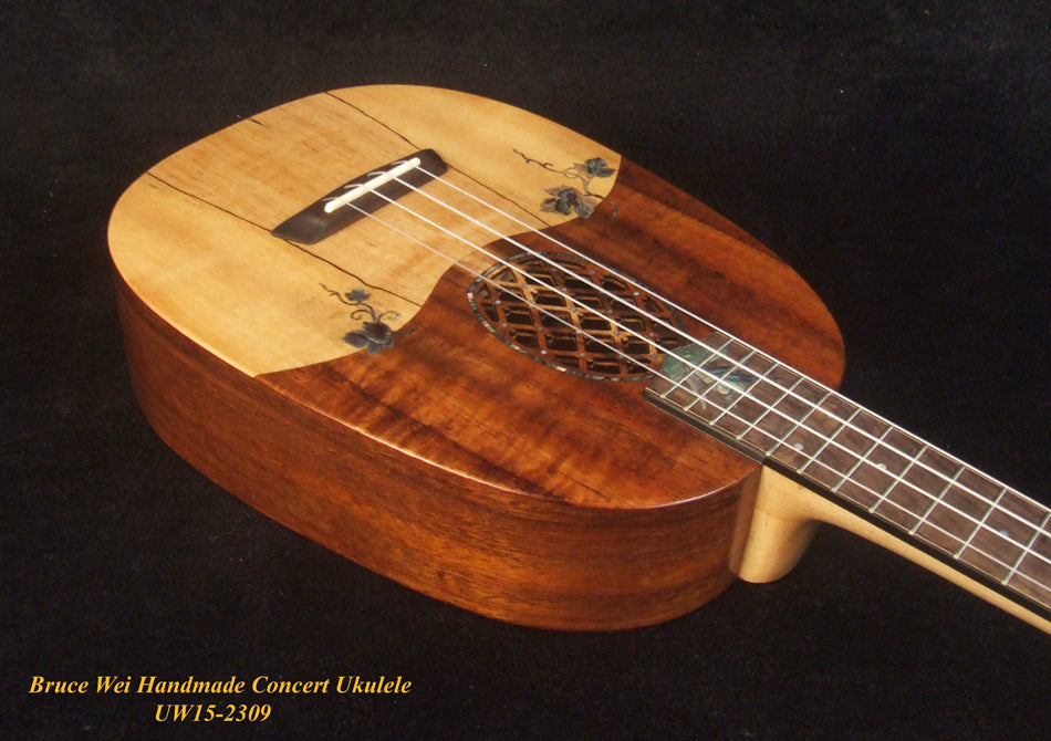 Handmade Pineapple Concert Ukulele, Solid Hawaiian Koa, Spalted Maple, Pineapple Soundhole, Soft-bag, Bruce Wei UW15-2309