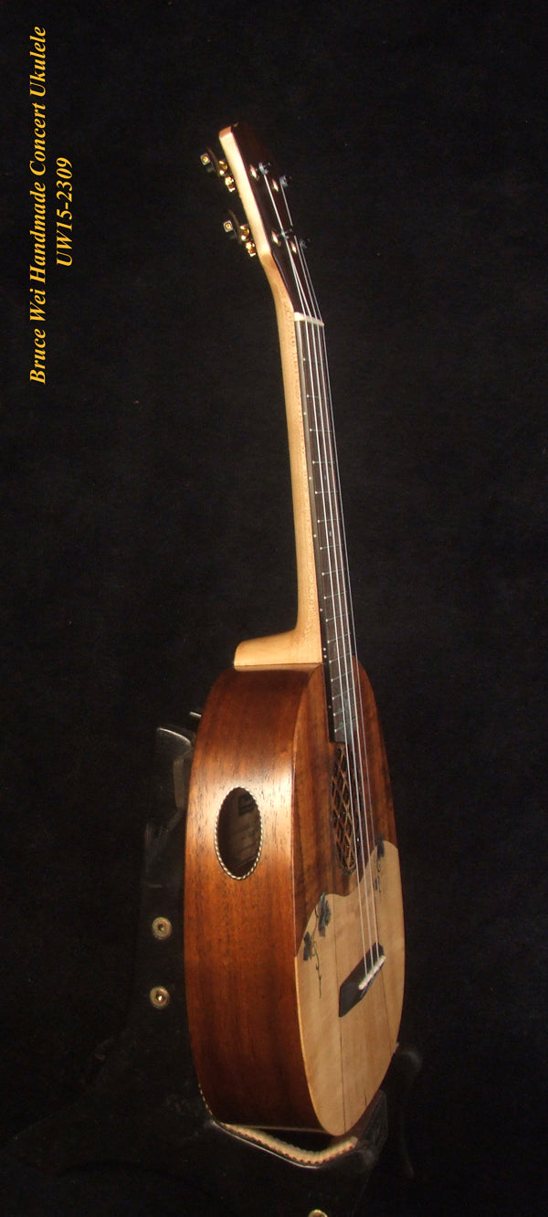 Handmade Pineapple Concert Ukulele, Solid Hawaiian Koa, Spalted Maple, Pineapple Soundhole, Soft-bag, Bruce Wei UW15-2309