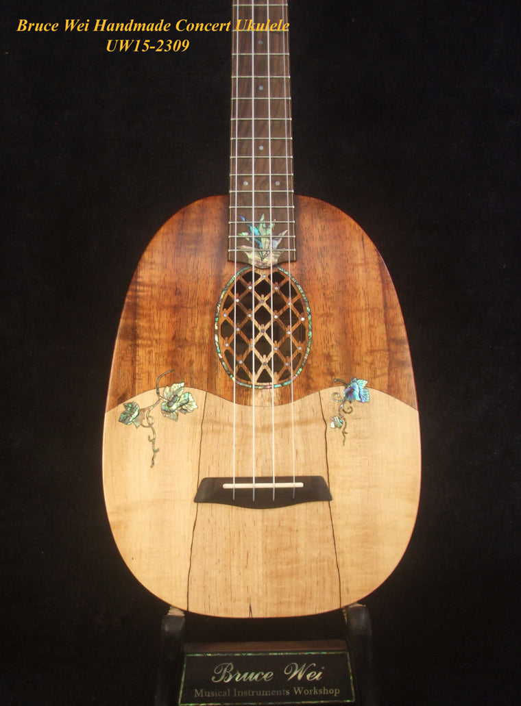 Handmade Pineapple Concert Ukulele, Solid Hawaiian Koa, Spalted Maple, Pineapple Soundhole, Soft-bag, Bruce Wei UW15-2309