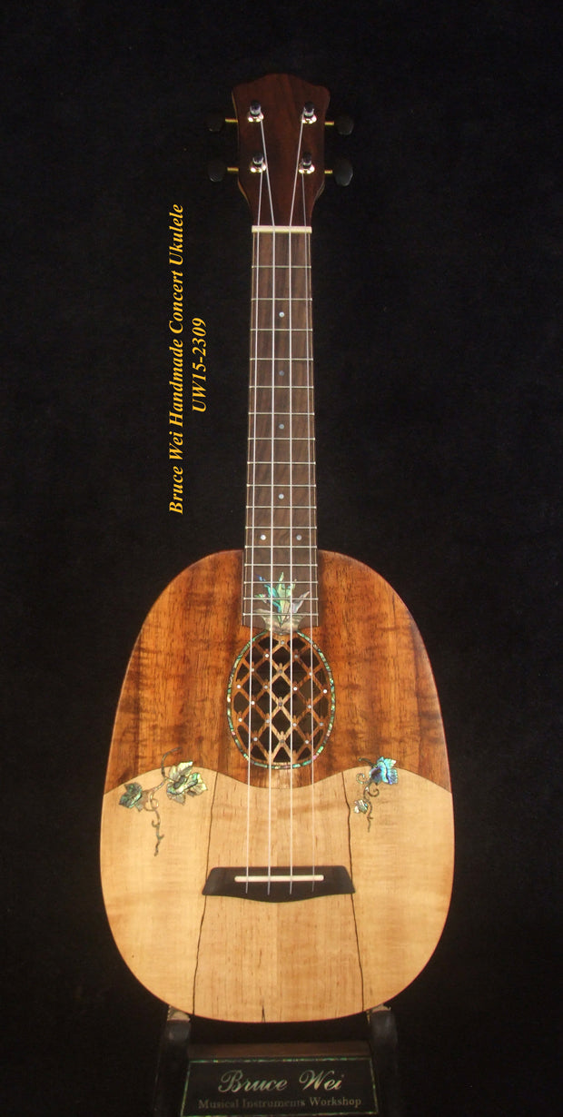 Handmade Pineapple Concert Ukulele, Solid Hawaiian Koa, Spalted Maple, Pineapple Soundhole, Soft-bag, Bruce Wei UW15-2309