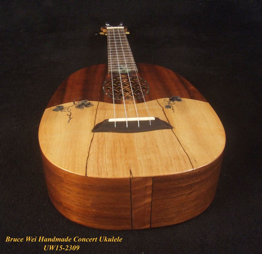 Handmade Pineapple Concert Ukulele, Solid Hawaiian Koa, Spalted Maple, Pineapple Soundhole, Soft-bag, Bruce Wei UW15-2309