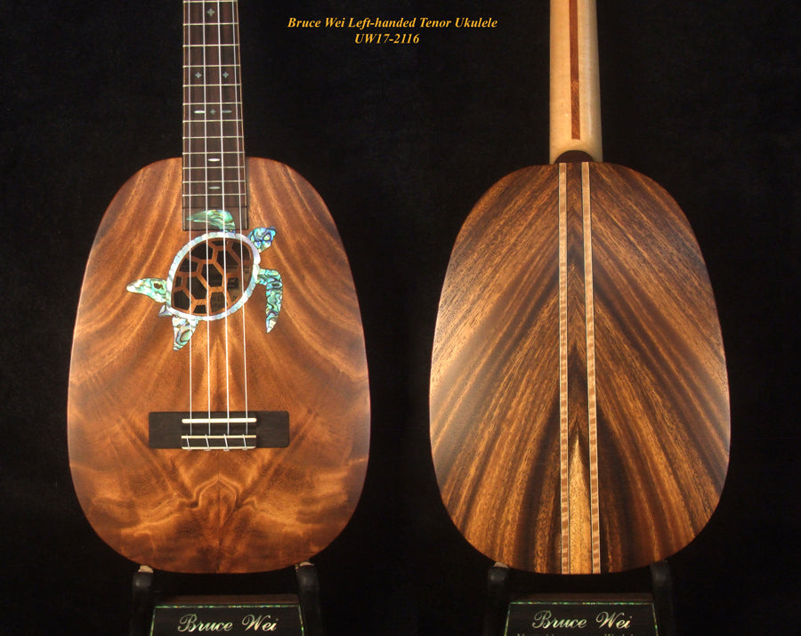 Handmade Left-handed Tenor Ukulele, Solid Acacia Pineapple, Turtle Soundhole Abalone inlay, Soft-bag, Bruce Wei UW17-2116
