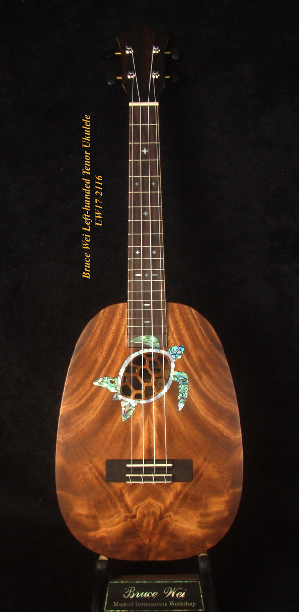 Handmade Left-handed Tenor Ukulele, Solid Acacia Pineapple, Turtle Soundhole Abalone inlay, Soft-bag, Bruce Wei UW17-2116