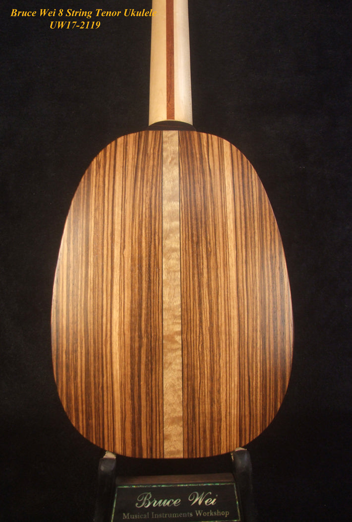 Handmade 8 String Tenor Ukulele, Solid Mango, Zebra wood Pineapple, Abalone Inlay, Soft-bag, Bruce Wei UW17-2119-1