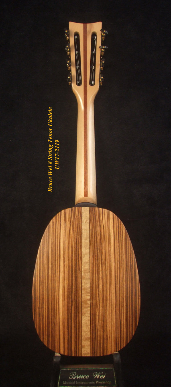 Handmade 8 String Tenor Ukulele, Solid Mango, Zebra wood Pineapple, Abalone Inlay, Soft-bag, Bruce Wei UW17-2119-1