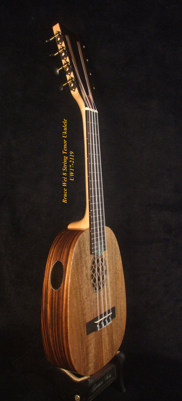 Handmade 8 String Tenor Ukulele, Solid Mango, Zebra wood Pineapple, Abalone Inlay, Soft-bag, Bruce Wei UW17-2119-1