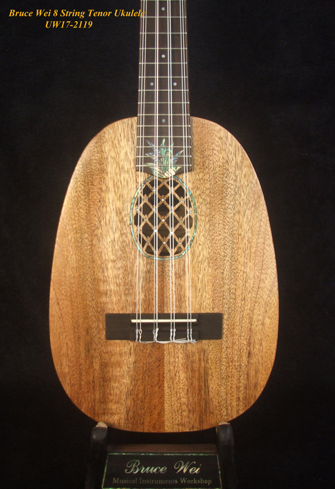 Handmade 8 String Tenor Ukulele, Solid Mango, Zebra wood Pineapple, Abalone Inlay, Soft-bag, Bruce Wei UW17-2119-1