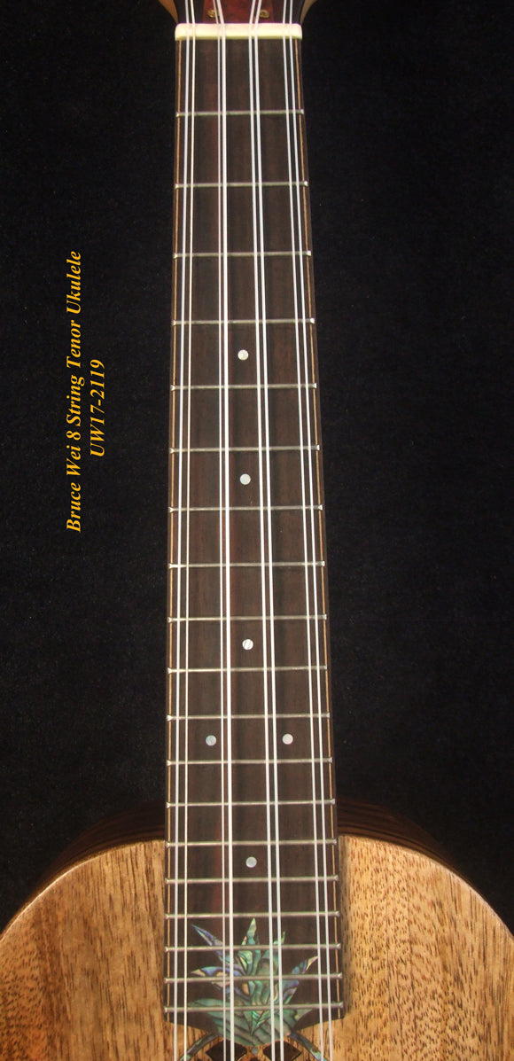 Handmade 8 String Tenor Ukulele, Solid Mango, Zebra wood Pineapple, Abalone Inlay, Soft-bag, Bruce Wei UW17-2119-1