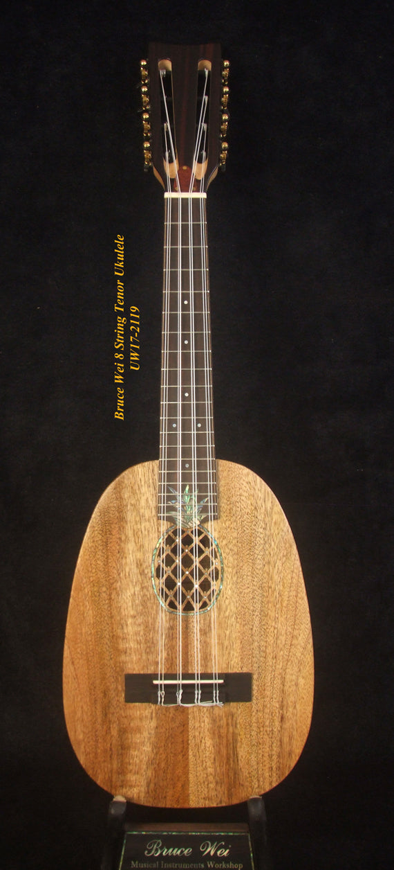 Handmade 8 String Tenor Ukulele, Solid Mango, Zebra wood Pineapple, Abalone Inlay, Soft-bag, Bruce Wei UW17-2119-1