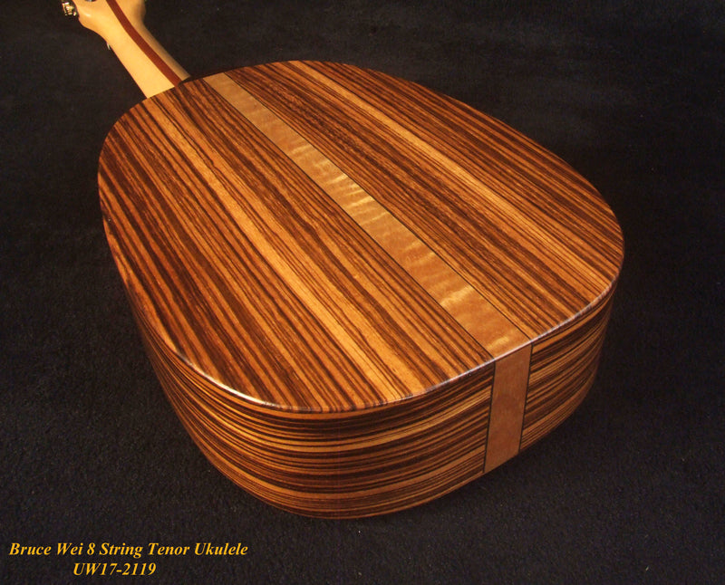 Handmade 8 String Tenor Ukulele, Solid Mango, Zebra wood Pineapple, Abalone Inlay, Soft-bag, Bruce Wei UW17-2119-1