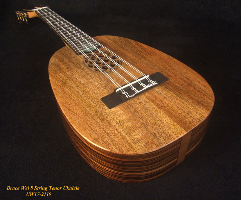 Handmade 8 String Tenor Ukulele, Solid Mango, Zebra wood Pineapple, Abalone Inlay, Soft-bag, Bruce Wei UW17-2119-1