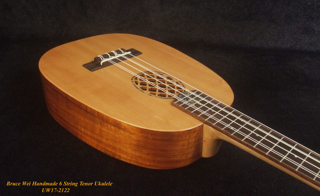 Handmade 6 String Tenor Ukulele, Solid Spruce, Mahogany Pineapple, Abalone Inlay, Slotted Head, Soft-bag, Bruce Wei UW17-2122