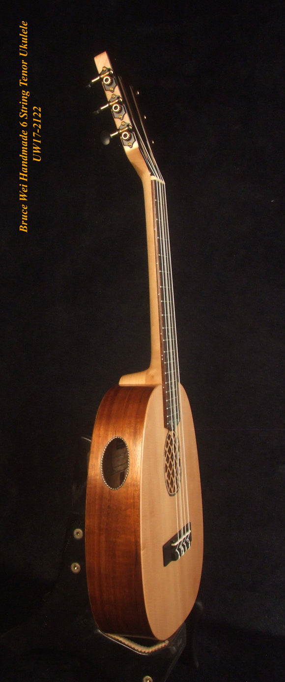 Handmade 6 String Tenor Ukulele, Solid Spruce, Mahogany Pineapple, Abalone Inlay, Slotted Head, Soft-bag, Bruce Wei UW17-2122