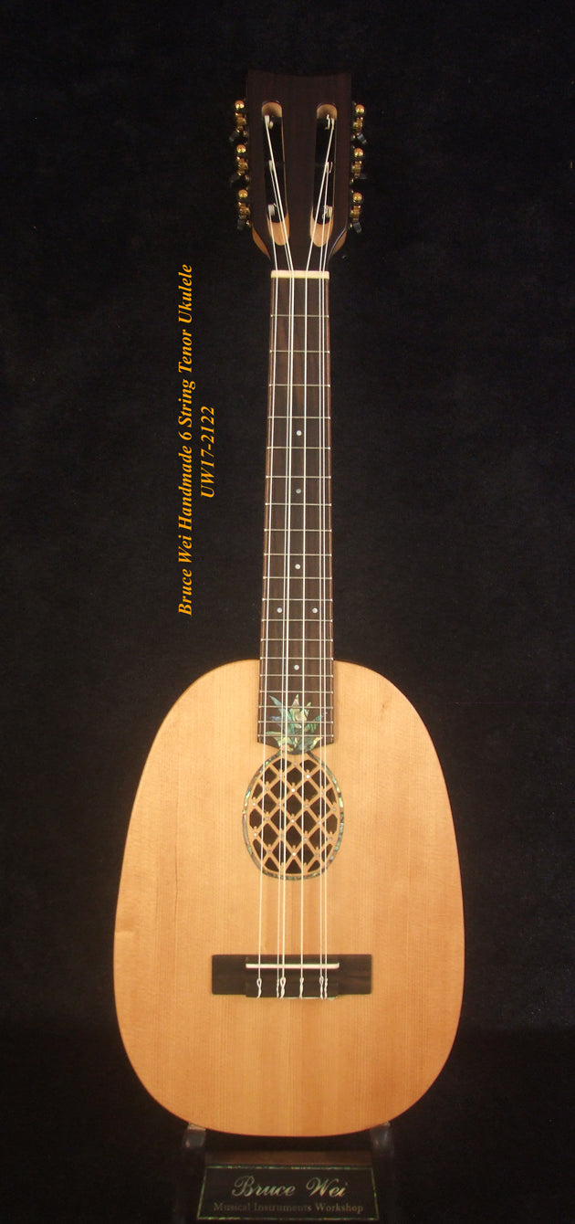 Handmade 6 String Tenor Ukulele, Solid Spruce, Mahogany Pineapple, Abalone Inlay, Slotted Head, Soft-bag, Bruce Wei UW17-2122