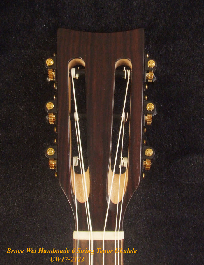 Handmade 6 String Tenor Ukulele, Solid Spruce, Mahogany Pineapple, Abalone Inlay, Slotted Head, Soft-bag, Bruce Wei UW17-2122