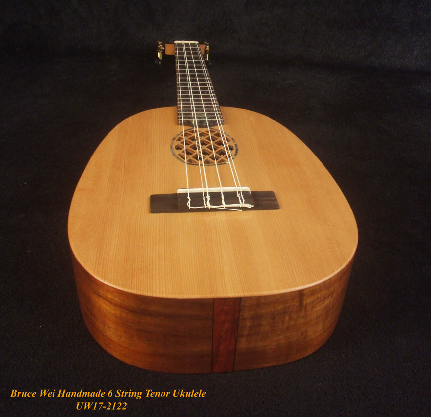 Handmade 6 String Tenor Ukulele, Solid Spruce, Mahogany Pineapple, Abalone Inlay, Slotted Head, Soft-bag, Bruce Wei UW17-2122