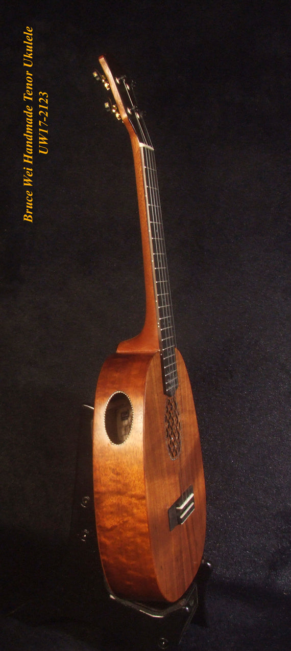 Handmade Tenor Ukulele, Solid Hawaiian Koa Pineapple Tenor Ukulele, Pineapple Soundhole, Soft-bag, Bruce Wei UW17-2123