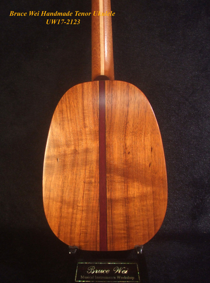 Handmade Tenor Ukulele, Solid Hawaiian Koa Pineapple Tenor Ukulele, Pineapple Soundhole, Soft-bag, Bruce Wei UW17-2123